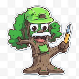 戴着绿帽子拿着刀的卡通树 向量