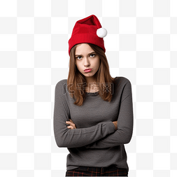 开心失望图片_戴着圣诞帽的女孩对墙上没有焦点