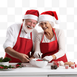 情侣做饭图片_戴着圣诞红帽的老夫妇在厨房做饭