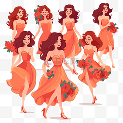 不同女孩穿着橙色连衣裙跳舞卡通