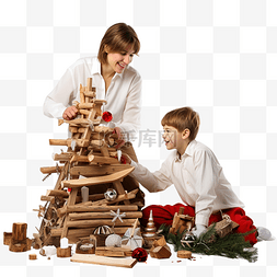 母子用玩具和松枝装饰原木制成的