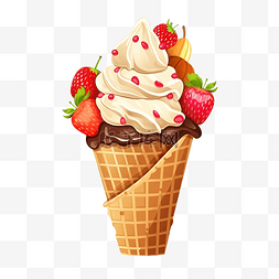 水果与奶油图片_冰淇淋与水果和配料在晶圆锥上隔
