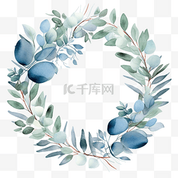 蓝色手绘花环图片_婚礼水彩蓝色桉树花环框架