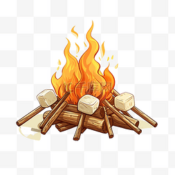 篝火和棉花糖在棍子上PNG插图