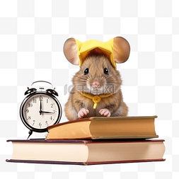 有小尾巴的图片_有书和时钟时间表的微笑小老鼠