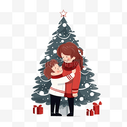 育儿家庭图片_妈妈和她的儿子站在圣诞树旁拥抱