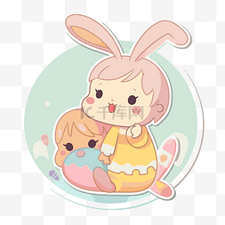 卡哇伊卡通复活节兔子与拿着鸡蛋