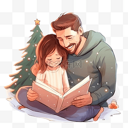 爸爸躺在圣诞树旁给女儿读童话故