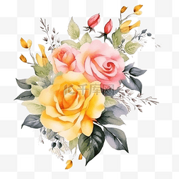 带水的叶子图片_黄色和粉色玫瑰水彩花角花束带叶