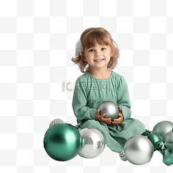 儿童玩具图片_穿着绿色裙子的可爱小女孩坐在地