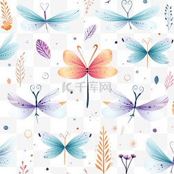 春天花和蝴蝶图片_波西米亚风心和蜻蜓无缝重复图案