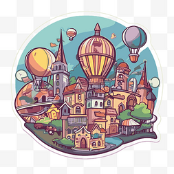 贴纸装饰有卡通小镇的插图和气球