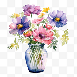 水彩花插在花瓶里的剪贴画