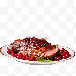 烤肉和酒图片_圣诞餐桌上配有越橘酱的烤肉和一