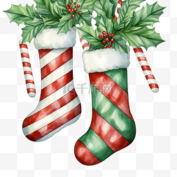 拐杖手图片_圣诞冬青绿色图案，配有精灵袜和