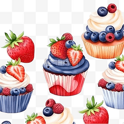 新鲜的草莓图片_水果杯蛋糕水彩无缝草莓蓝莓