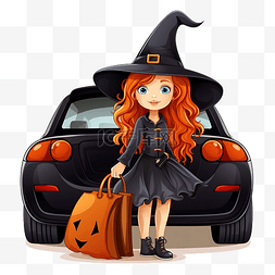 女孩红头发戴着女巫帽庆祝万圣节