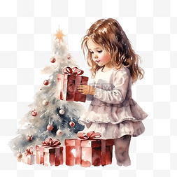 迷人的小女孩装饰圣诞树，梦想着