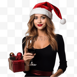 圣诞快乐帽图片_戴着圣诞帽手里拿着礼物和酒杯的