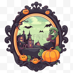 卡通镜子边框图片_万圣节幽灵城堡和南瓜与蝙蝠和蝙