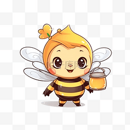 食物可爱贴画图片_可爱的蜜蜂携带蜜罐和有机蜂蜜瓶