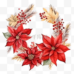 水彩圣诞一品红花花束花环框架与