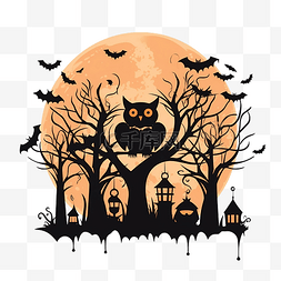 月亮海报设计图片_满月夜猫头鹰蝙蝠树万圣节快乐消