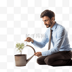 拿着喷壶给植物浇水的男人