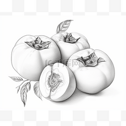 画图片_三个带叶子的白柿子是黑白画的