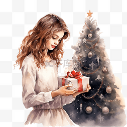 模糊房间图片_快乐美丽的女孩站在节日圣诞树旁