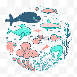 涂鸦风格的水下动物插画在一圈 