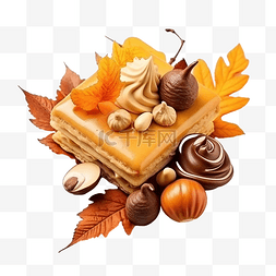 好吃的卷饼图片_传统秋季甜糕点，配以树叶和蘑菇