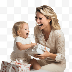 孩子抱妈妈图片_笑着的妈妈打开圣诞礼物，和坐在