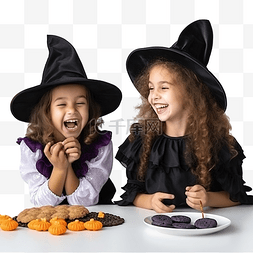 孩子吃得开心图片_两个穿着女巫服装的不同小女孩在
