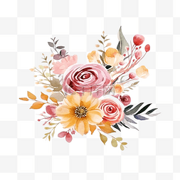 带叶子的框图片_松散的水彩彩色玫瑰和野花花束，