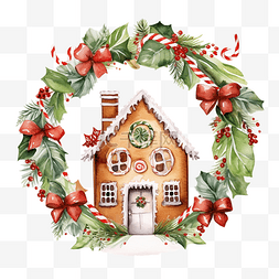 圣诞冬青花环与姜饼屋水彩插图
