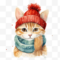 戴圣诞帽的男孩图片_水彩艺术卡通圣诞猫戴着帽子和围