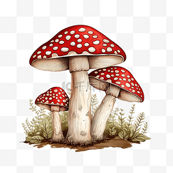 蘑菇伞图片_伞菌毒蝇伞蘑菇复古风格绘图