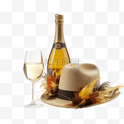 香槟瓶和玻璃杯，戴着感恩节帽子
