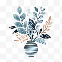 线条画夏天图片_装饰涂鸦叶植物与花瓶