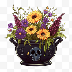 黑色花盆图片_黑色万圣节锅与野花
