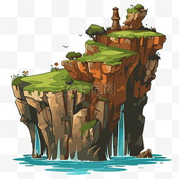 悬崖剪贴画卡通岛与瀑布和瀑布 