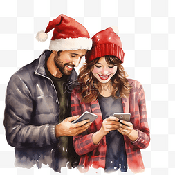 在手图片_恩爱夫妻在手机上浏览圣诞假期