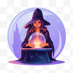 多切面水晶球图片_女巫正在用魔法水晶球万圣节卡通