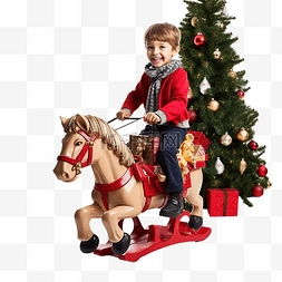 小男孩在圣诞树附近骑着纸板马