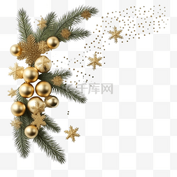 金色星框架图片_带有冷杉树枝和金色装饰品的圣诞