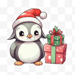 企鹅和图片_卡通圣诞精灵和可爱的企鹅拿着礼