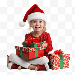 礼物一堆图片_穿着圣诞雨鹿服装的快乐小女孩坐