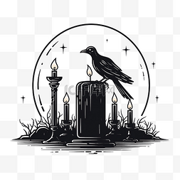 复古乌鸦图片_带乌鸦的墓碑和带蜡烛的复古烛台