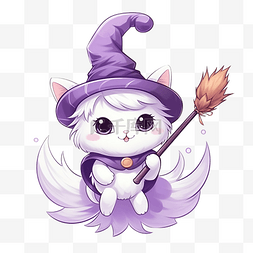 动物设计插图图片_可爱的万圣节搞笑紫色女巫白猫飞